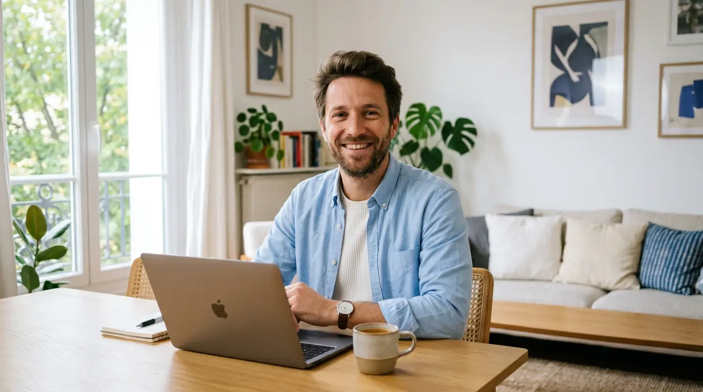 Homme souriant devant son ordinateur portable dans un salon lumineux, serein face à son budget