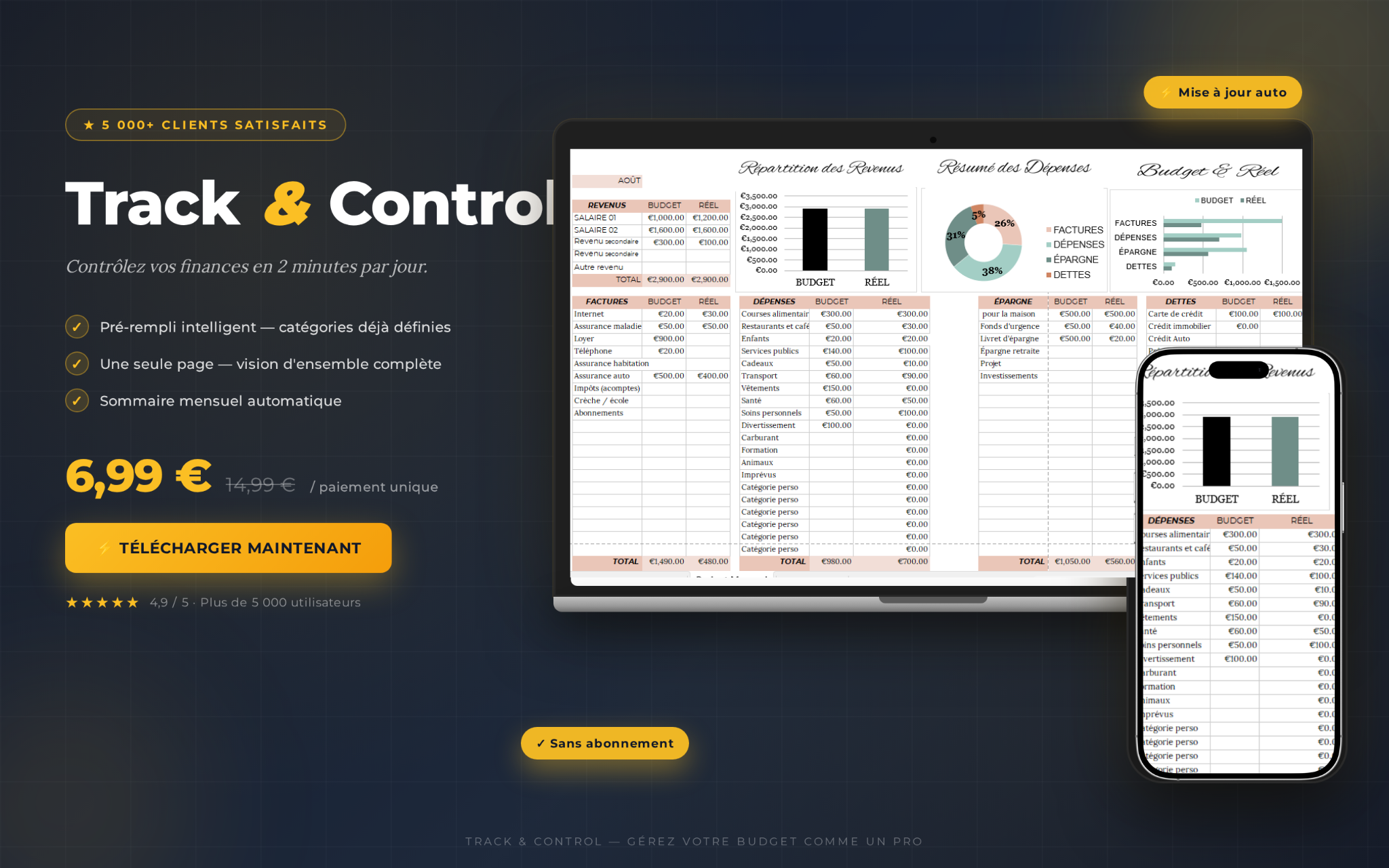 Le tableur Track & Control affiché sur ordinateur portable et sur smartphone
